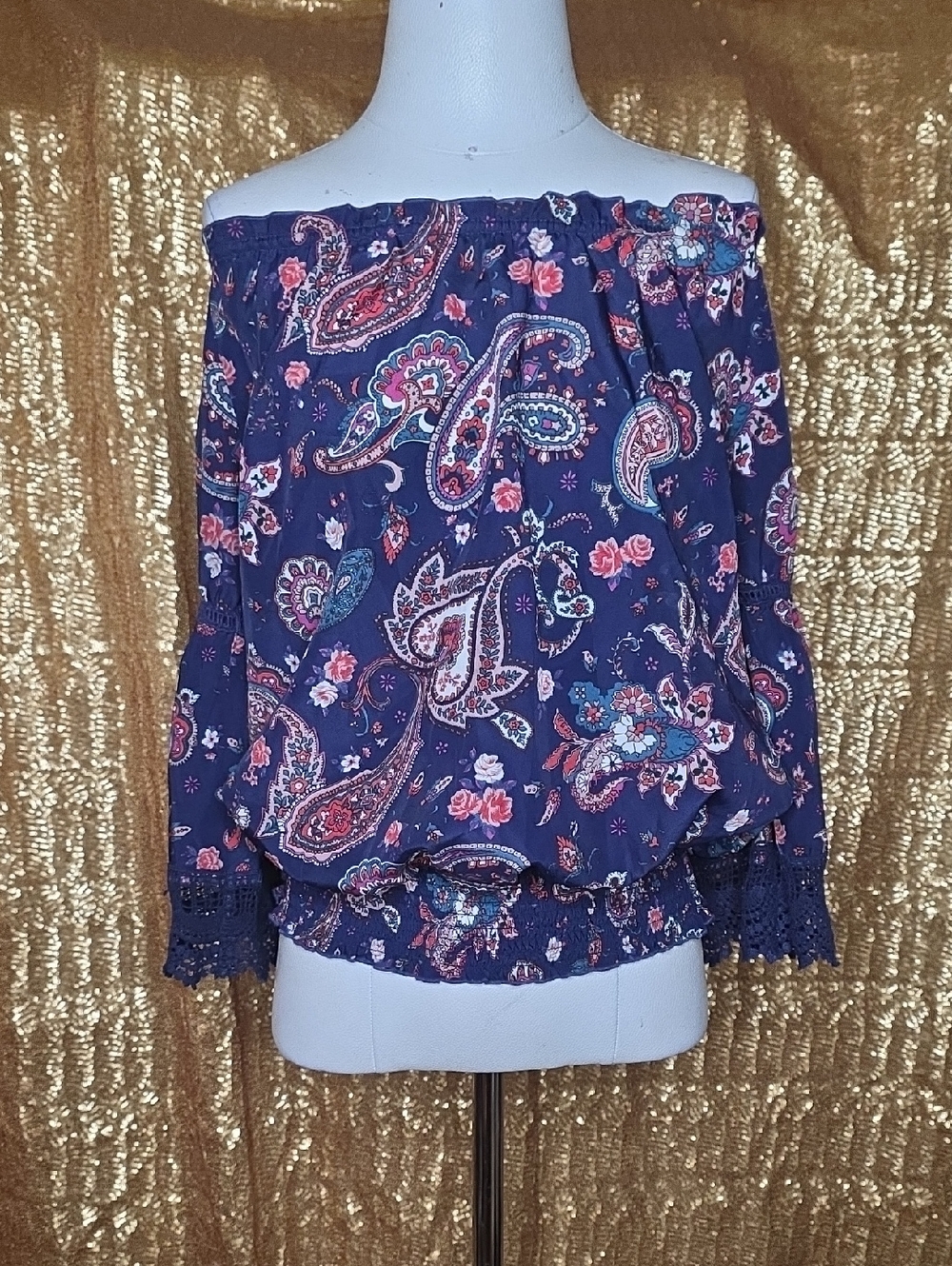 bebe Navy Paisley Off-Shoulder Blouse with Pink and Teal Accents